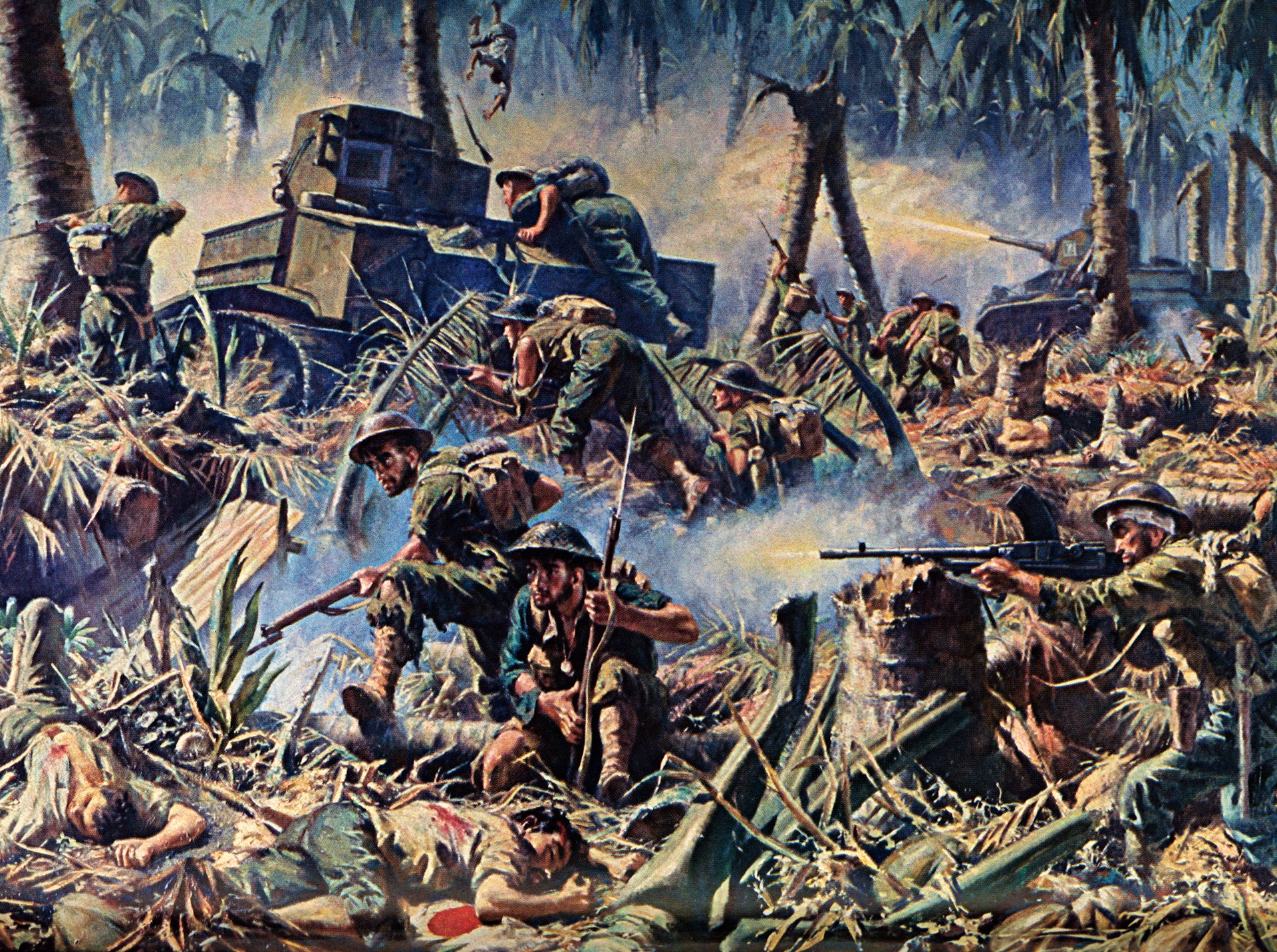 oil painting war scene fighting guns soldiers tank trees