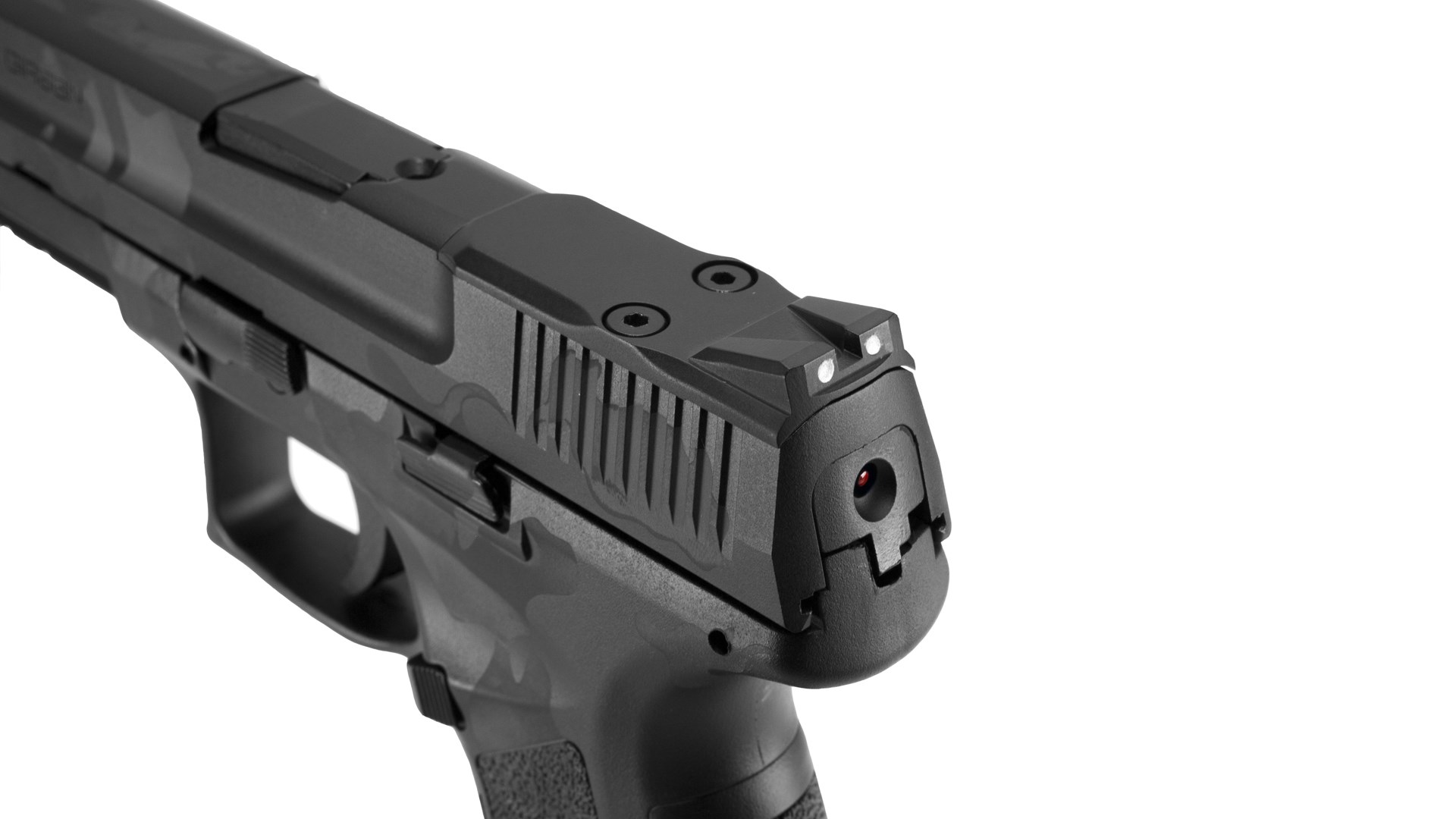 Rear sight of the black EAA Girsan MC9 Disruptor pistol.