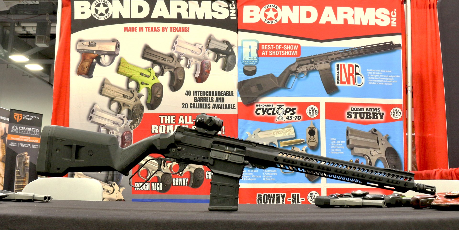 bond arms lever-action LVRB carbine rifle shown on table with marketing information background