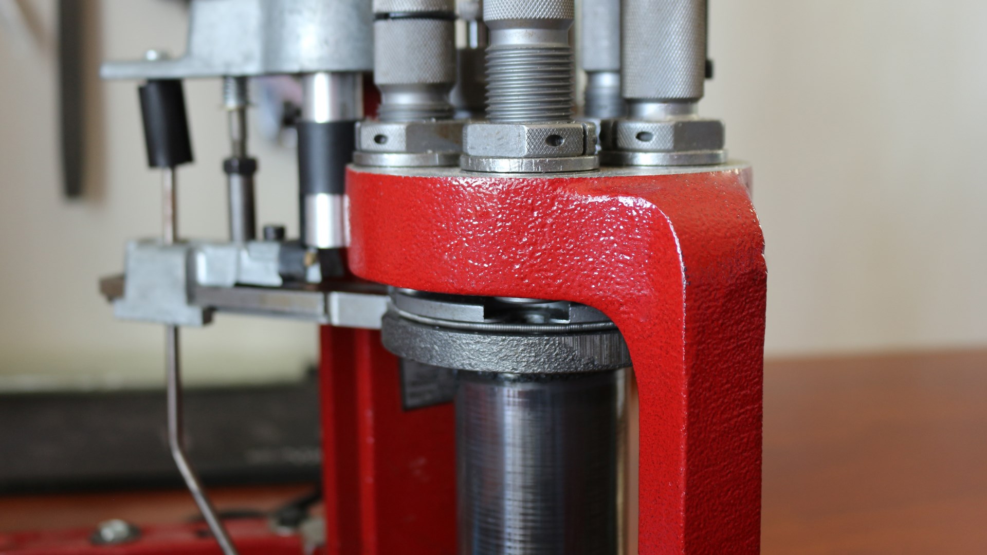 Hornady progressive reloading press shown with in upstroke position to clear jams