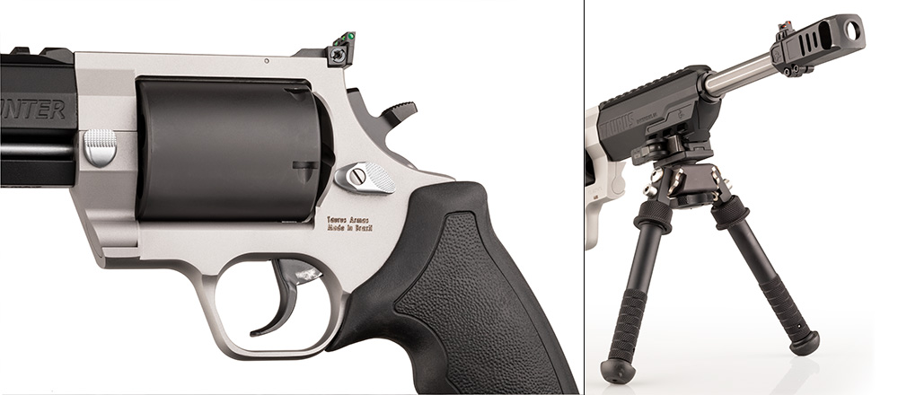 Taurus Raging Hunter left-side view left and right side closeup of muzzle with bipod