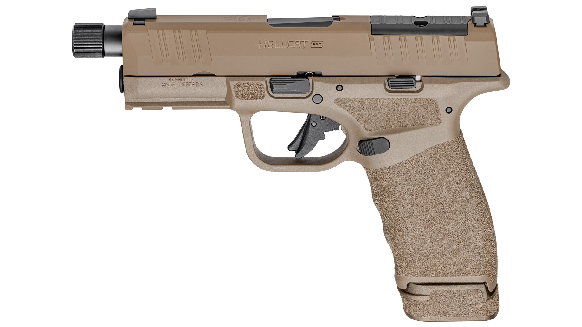 Left side of the Springfield Armory Hellcat Pro OSP in flat dark earth, shown with an extended magazine installed.