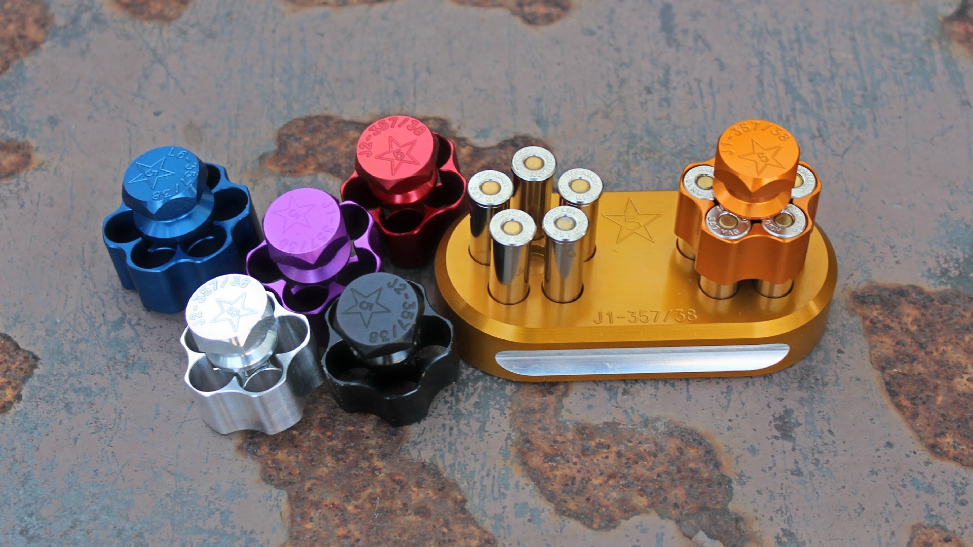 Anodized aluminum speedloaders for .357 Magnum and .38 Special ammunition.