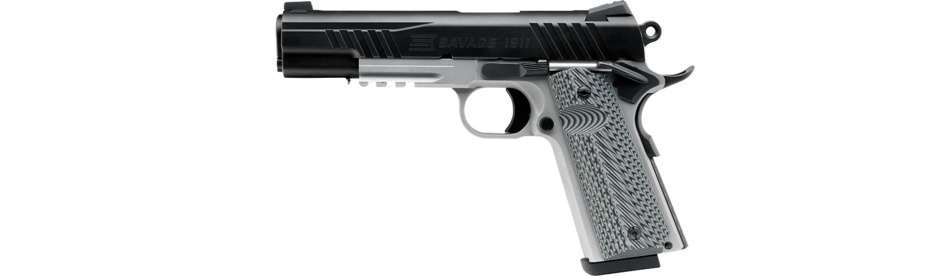 savage arms 1911 pistol left-side view on white two-tone gun .45 acp black and silver