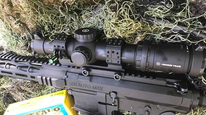A Crimson Trace 1-8x CTL-5108 optic with Illuminated Reticle was used with the Big Horn Armory AR500.
