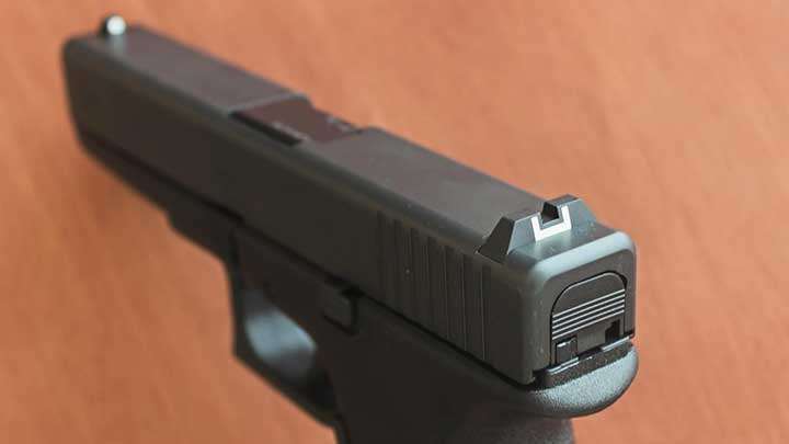 The Glock P80 comes with standard Glock-style front and rear sights.