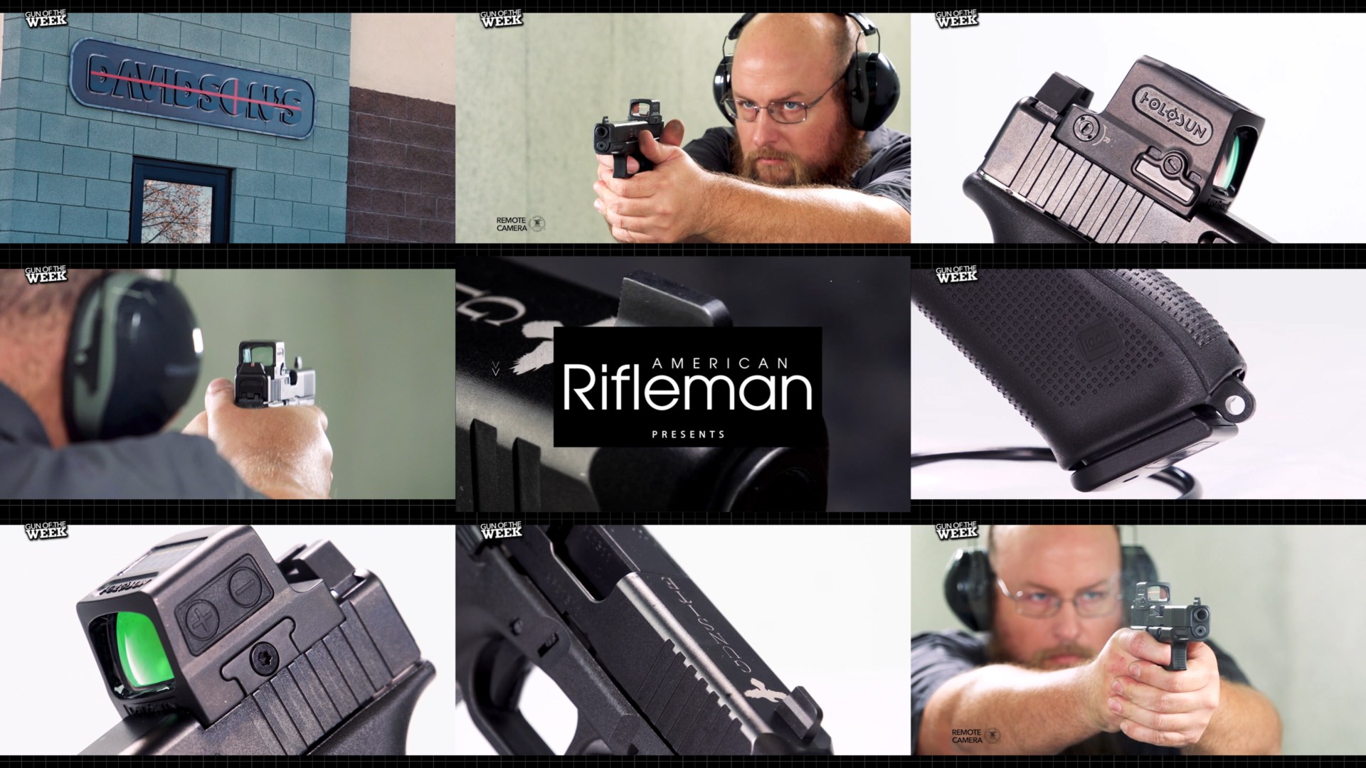 Nine images arrangement tiles men shooting Glock G45 Gunsite Service Pistol closeup details 9 mm pistol