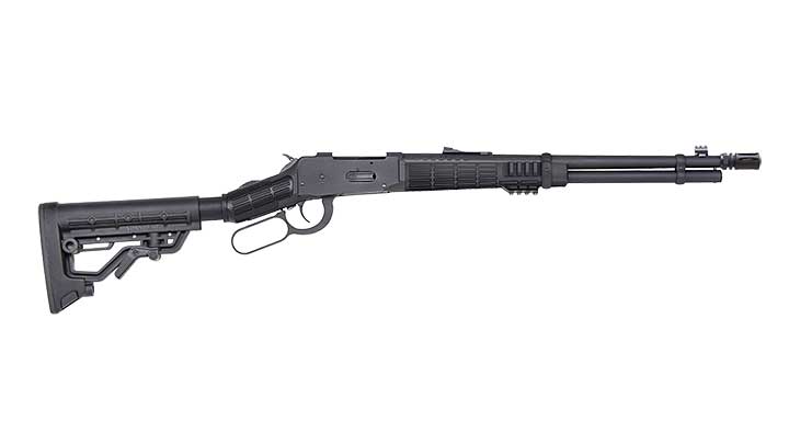 Right-side view on white background of black-colored Mossberg 464 SPX tactical lever-action rifle.