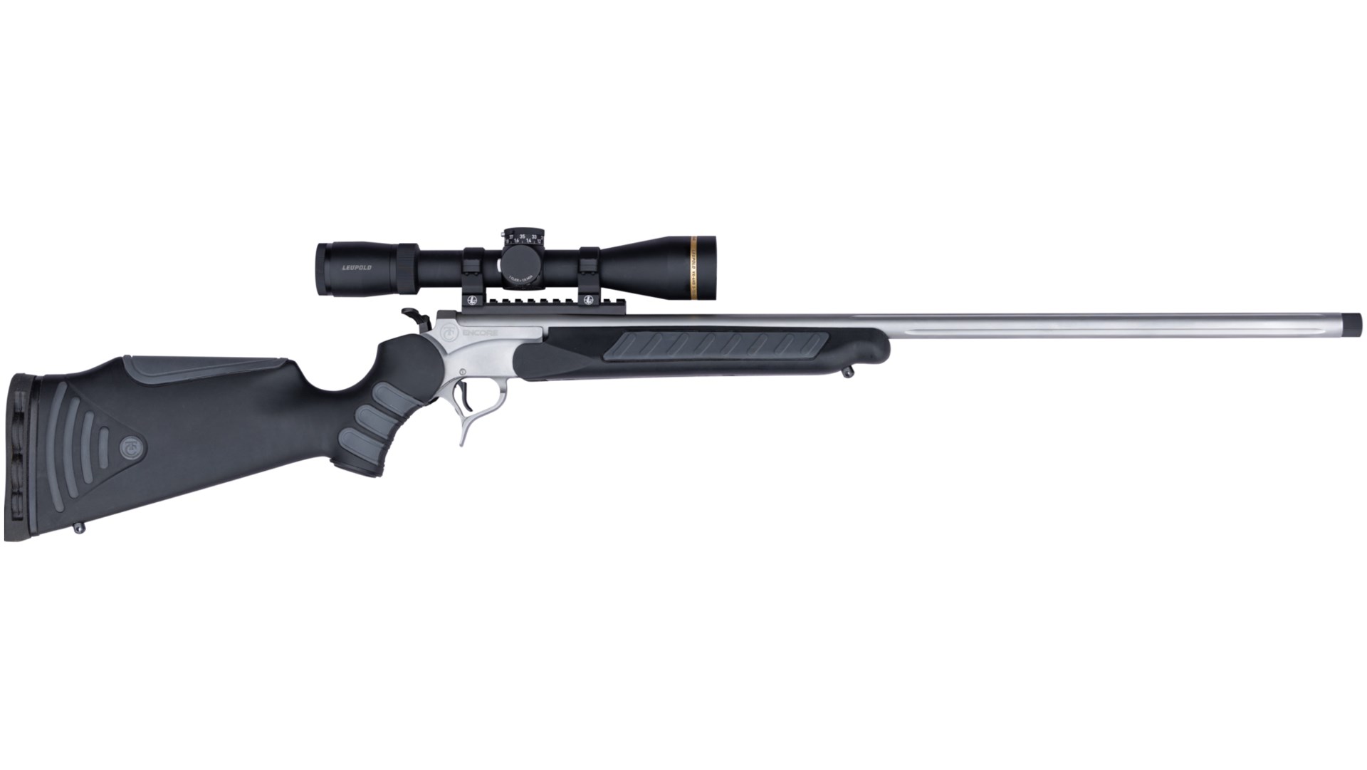 Thompson/Center Arms ENCORE PROHunter single-shot gun rifle stainless steel metal black polymer stock shown with Leupold gold-ring riflescope