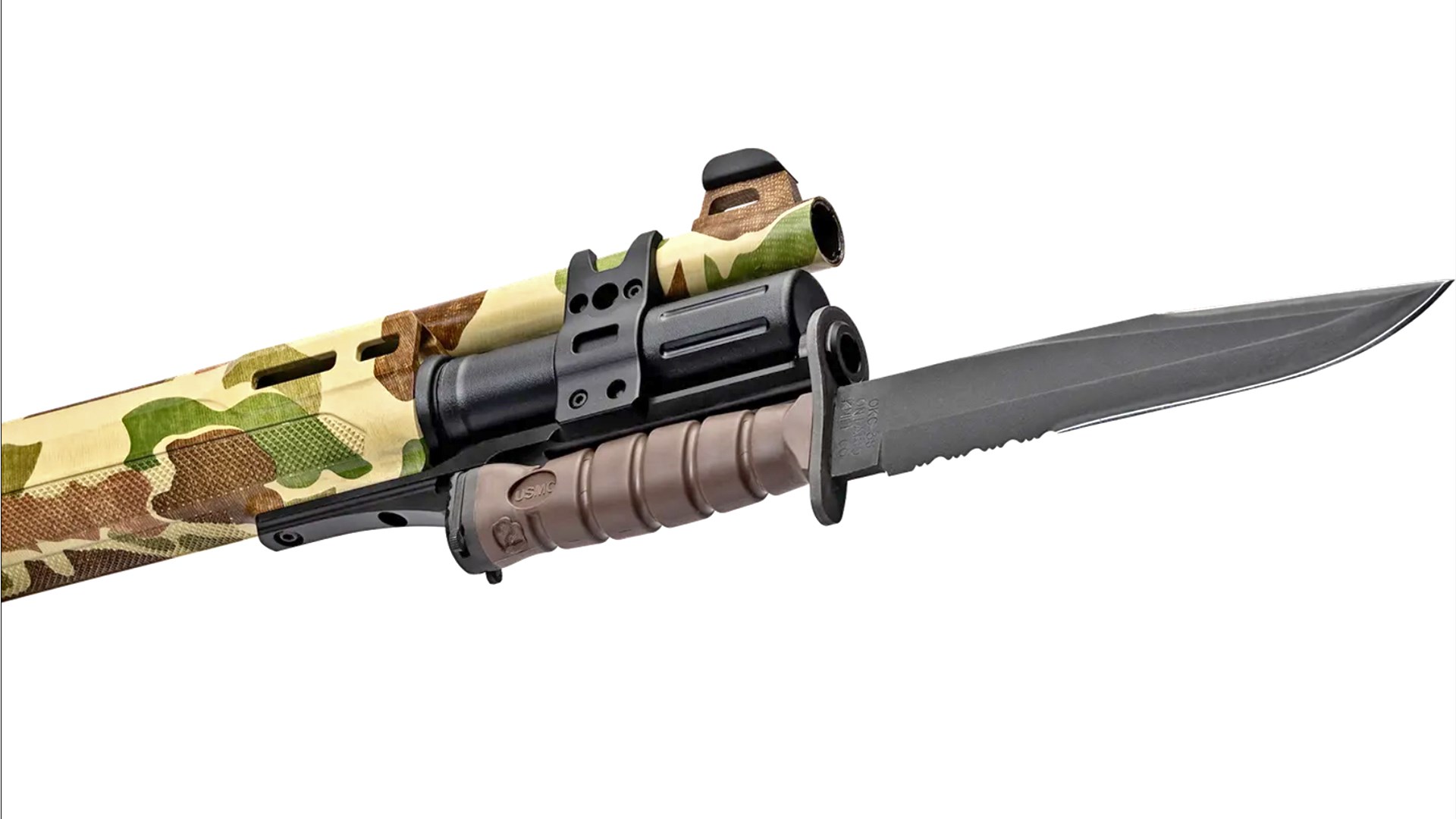 M9 bayonet mounted on the bottom of the Beretta A300 Ultima Patrol Raider magazine tube cap.