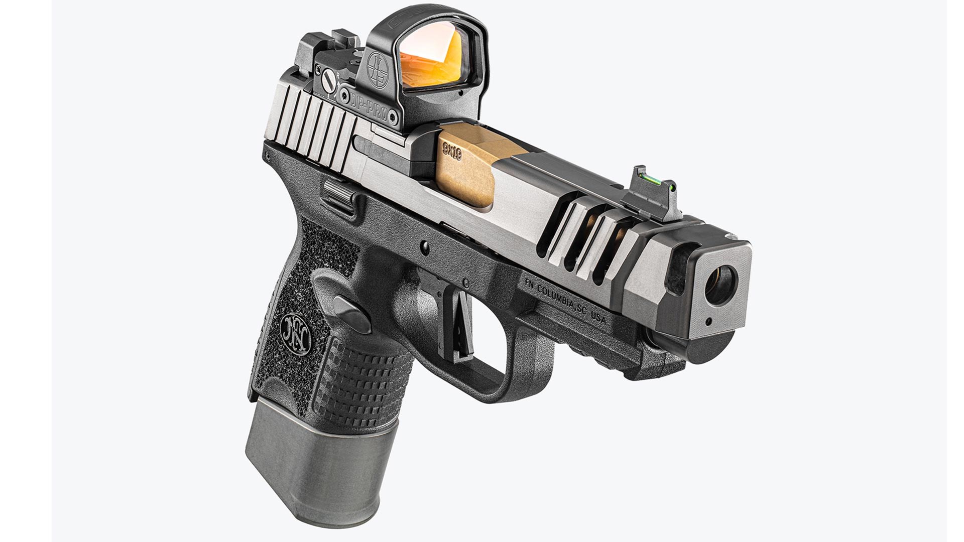 Quartering dynamic angle FN 509 CC Edge pistol with optic