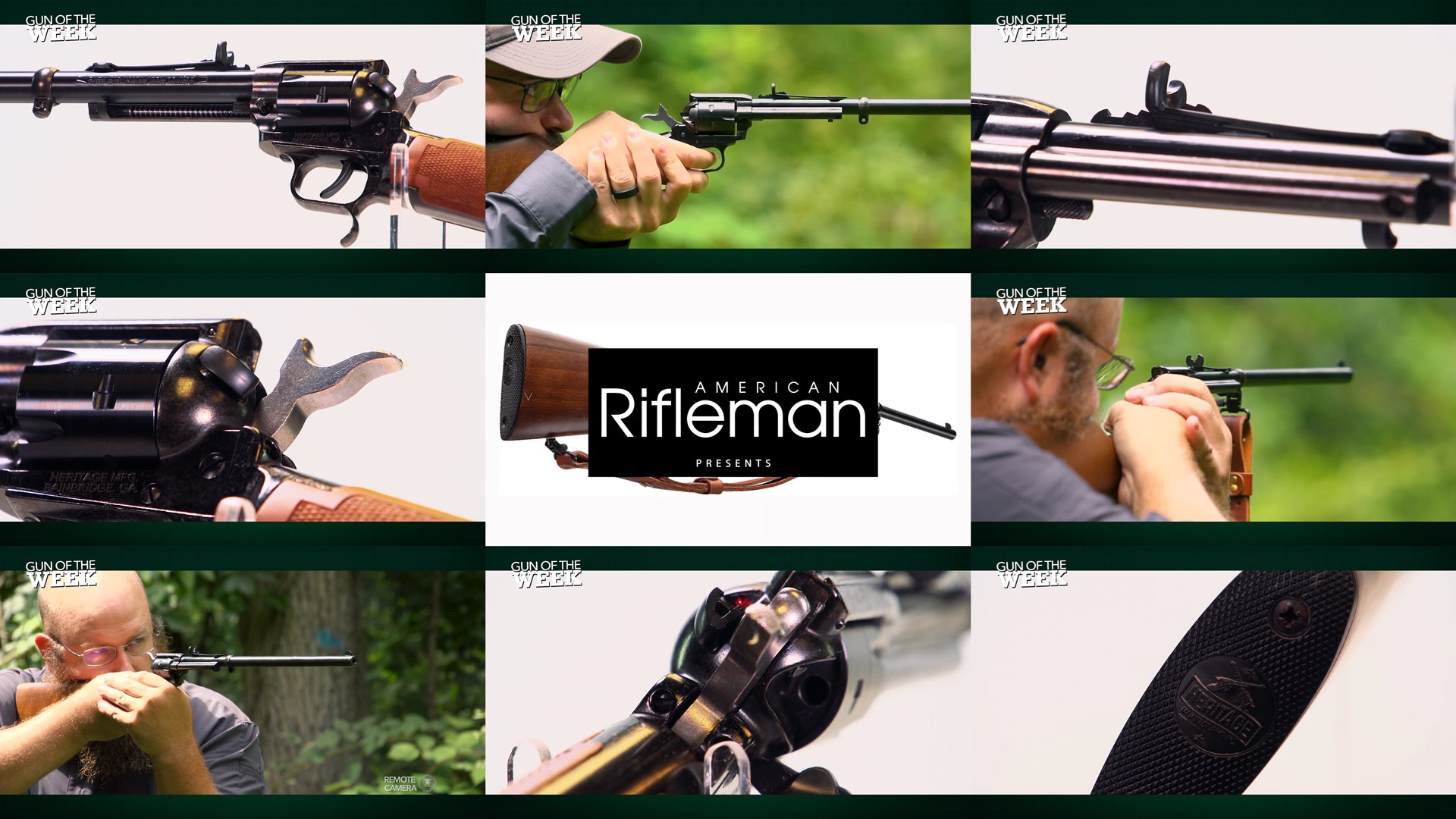Gun Of The Week AMERICAN RIFLEMAN PRESENTS text on image nine tiles mosaic gun rifle carbine outdoors men shooting detail closeups