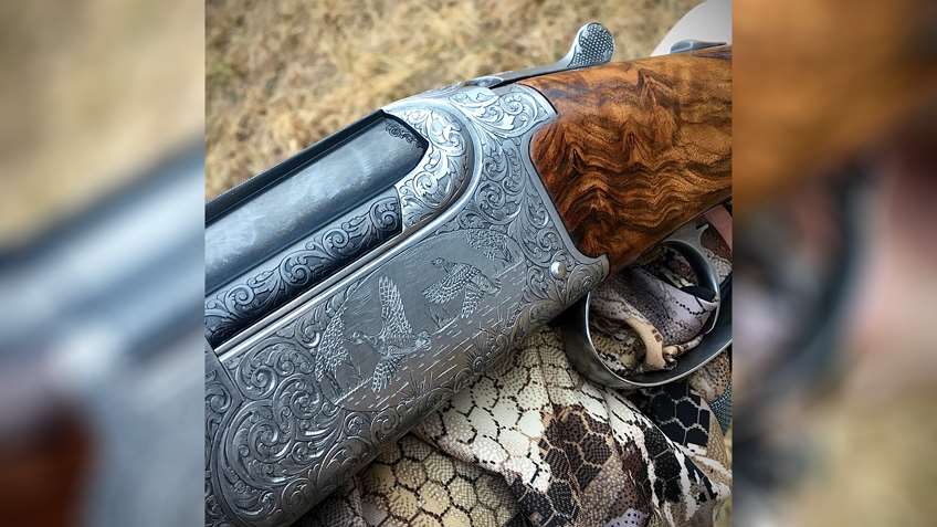 shotgun silver engraved metal shiny curly wood walnut camouflage hand