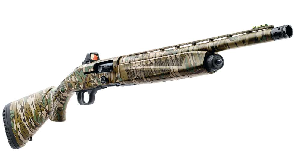 Mossberg optic-ready shotgun new for 2024 camouflage 12 gauge dynamic angle muzzle bore on white background