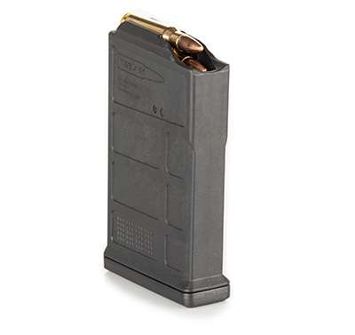 10-round, AICS-pattern Magpul PMAG standing vertical with ammunition loaded within white background