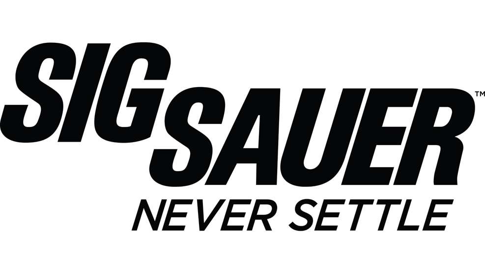SIG Sauer logo letters black bold font "never settle" text