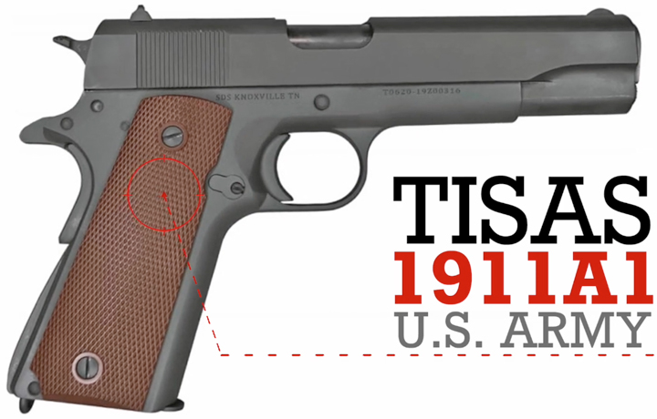 Right-side view of Tisas 1911A1 US Army pistol on white background with text on image calling out make and model.