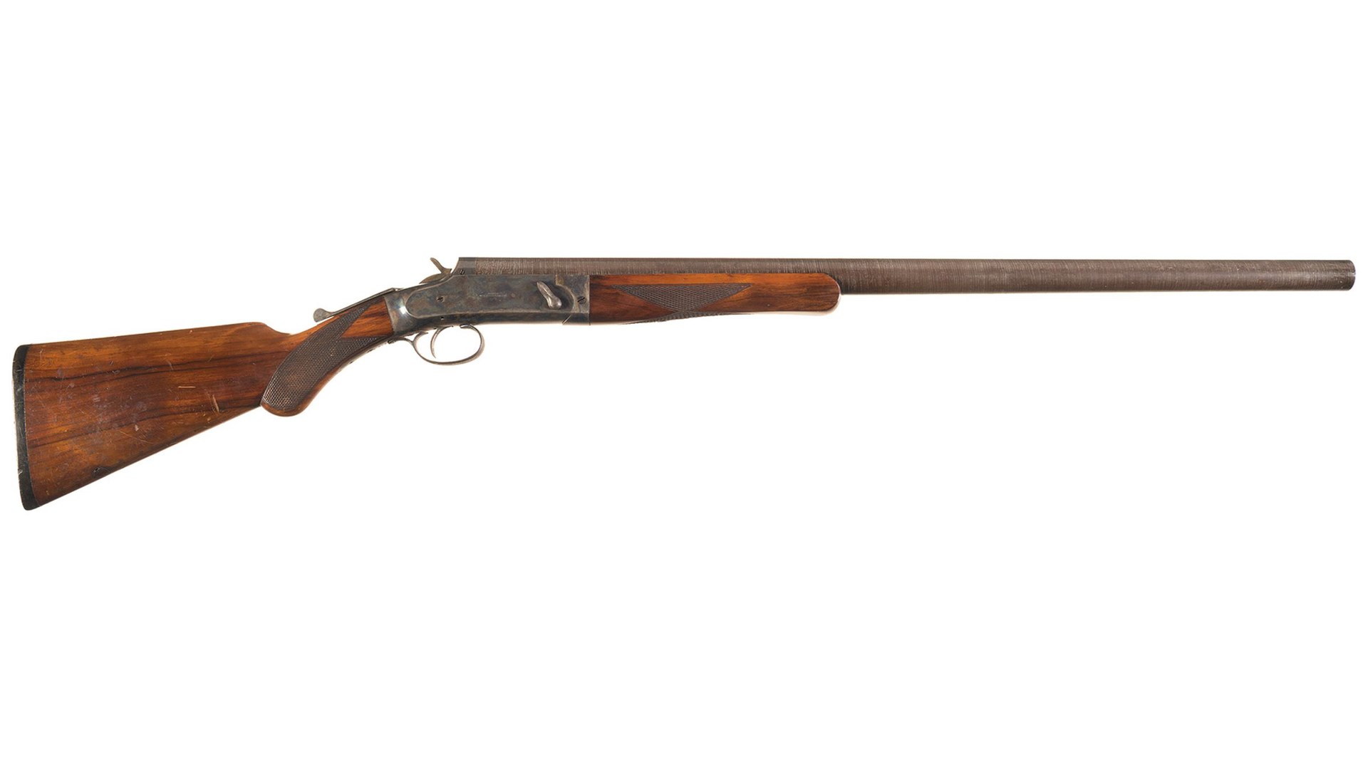 Right-side view of old vintage hopkins & allen 8 gauge single-shot shotgun wood stock damascus twist steel barrel