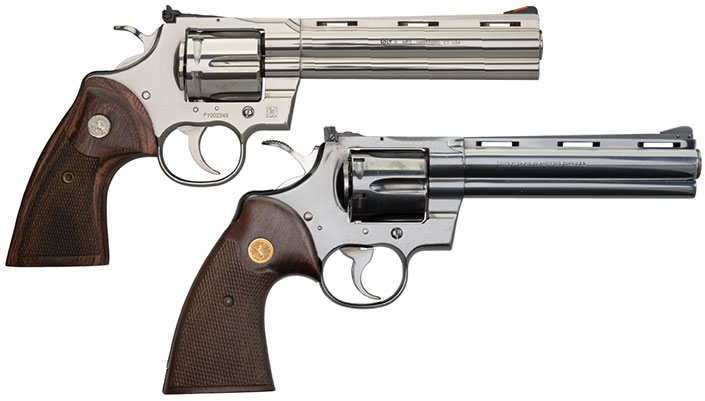 6&quot;-barreled Python next to an original Python revolver on white.