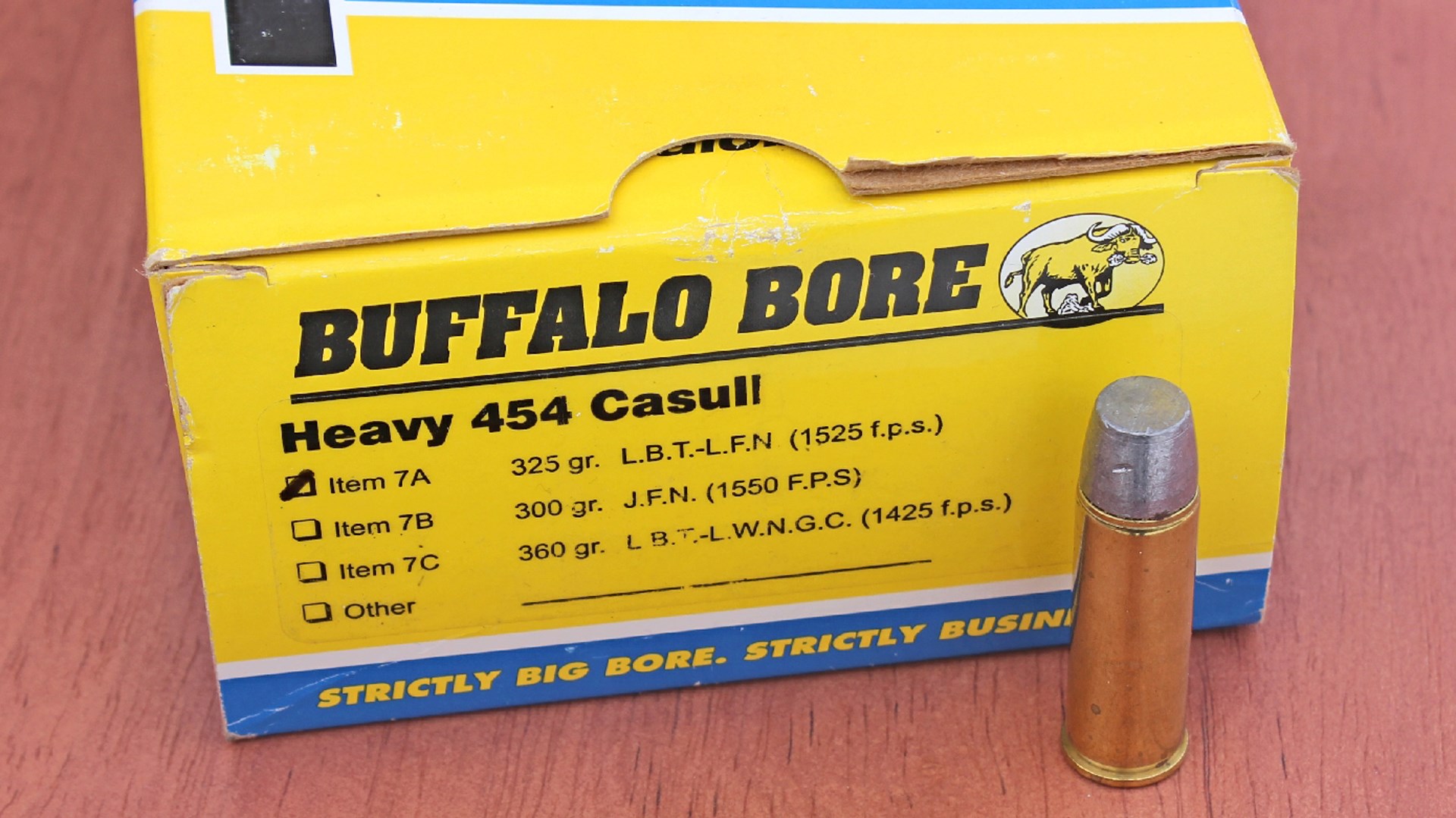 buffalo bore ammunition box yellow blue heavy 454 casull ammo bullet cartridge