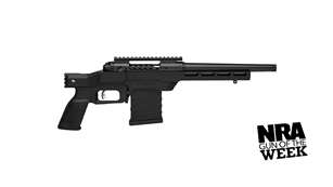 Savage Arms 110 PCS large-format bolt-action handgun right-side view black gun modern tactical text on image noting: "NRA GUN OF THE WEEK"
