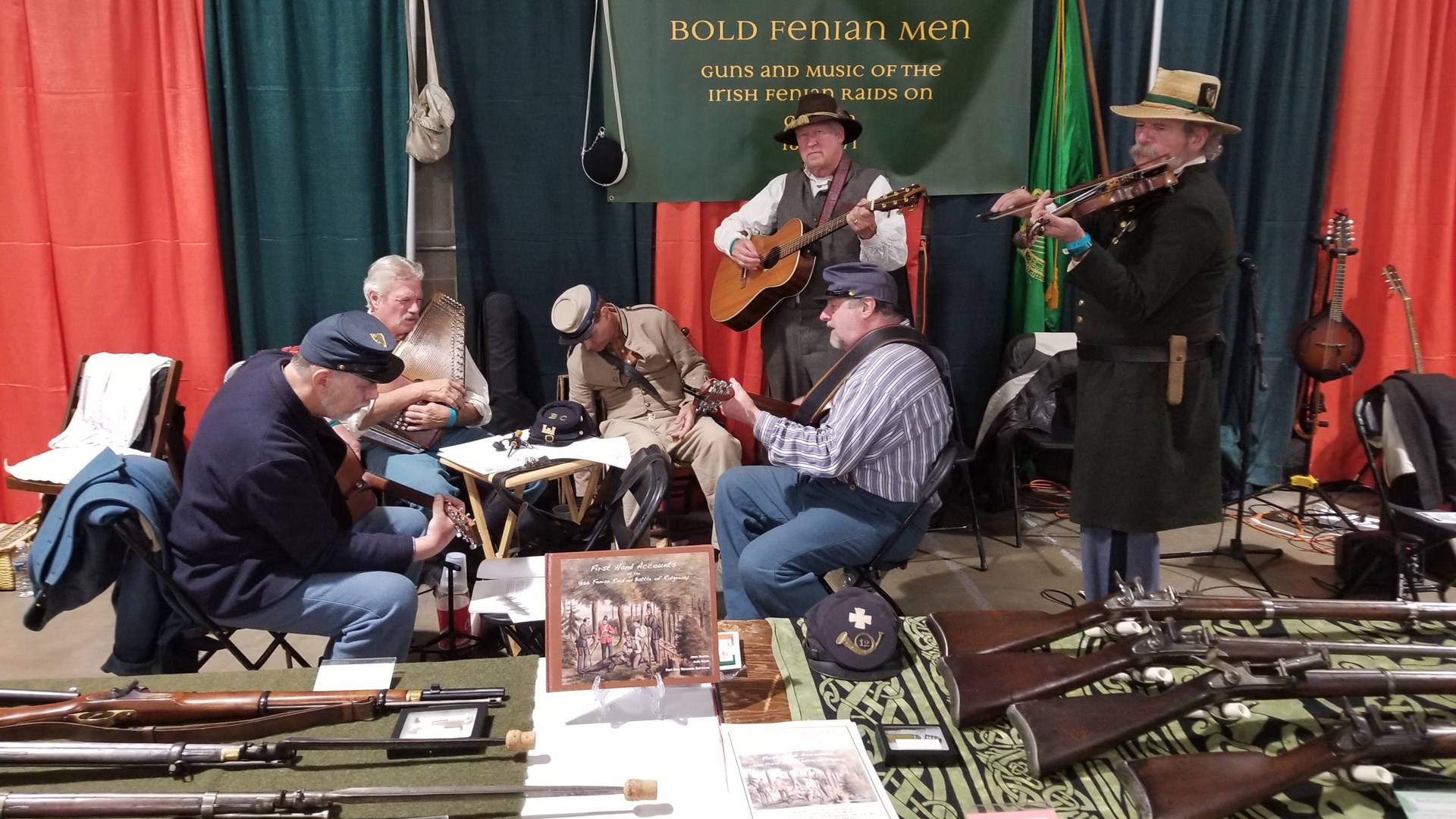 Men in vintage garb instruments band guns exhibit baltimore fenian irish