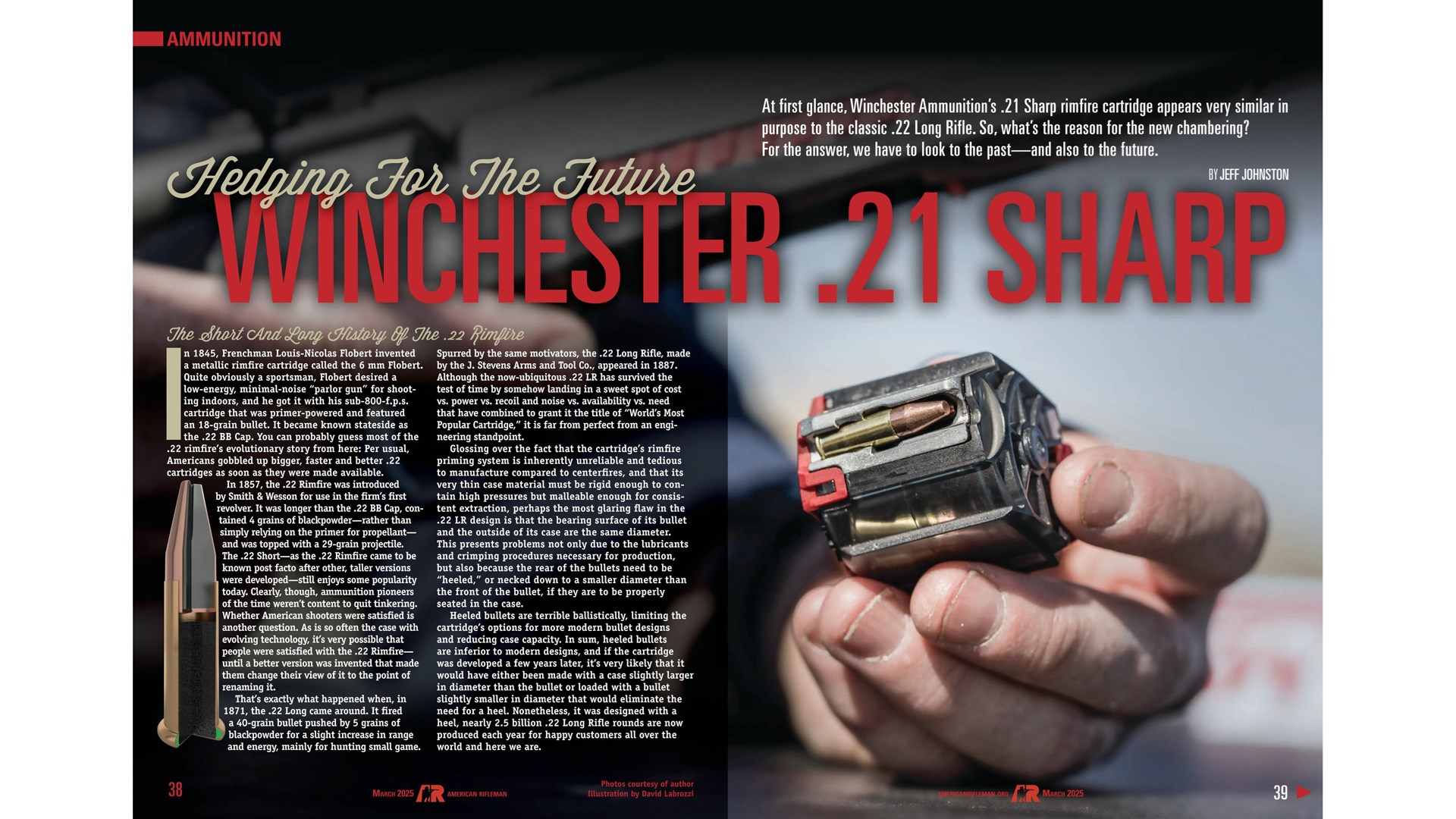 Magazine centerfold featuring Winchester .21 Sharp ammunition cartridge text on image shown with cartridge cutway and loaded magazine in hand below rifle