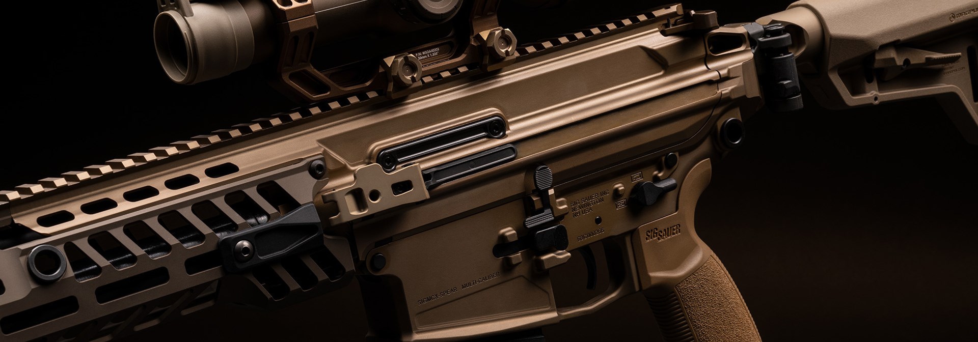 Left side close-up of the controls on the SIG Sauer MCX-Spear rifle.