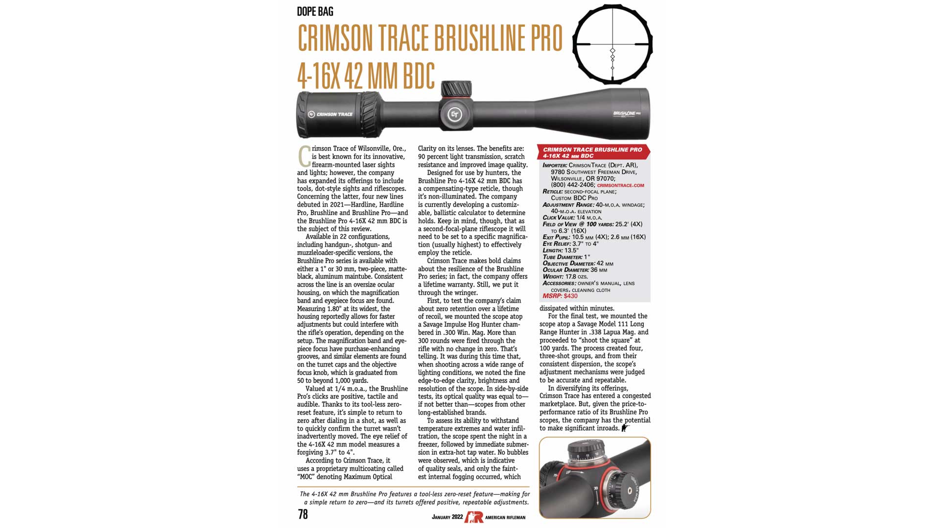 Crimson Trace Brushline Pro 4-16x 42 mm BDC riflescope optic review magazine article illustration text