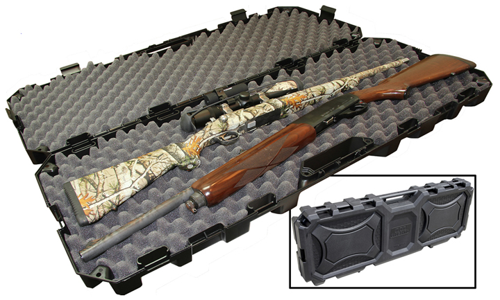 Opened rifle case with a camouflage rifle and wood-stocked shotgun strapped within.
