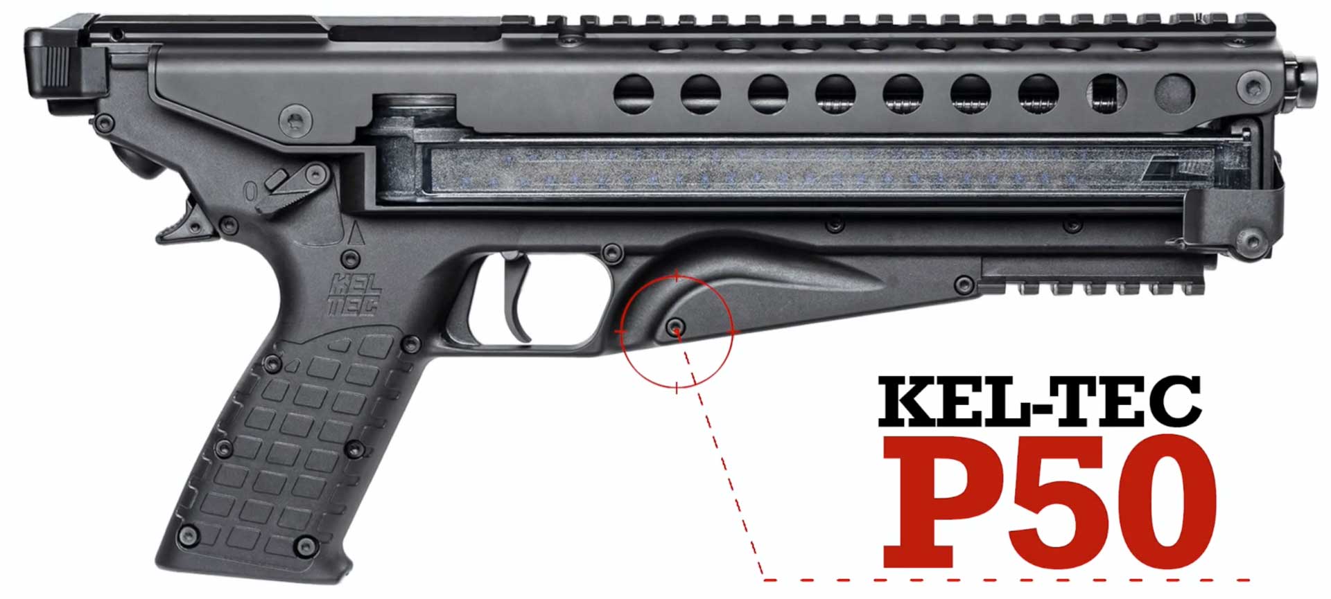 right side kel-tec semi-automatic black pistol text on image noting "Kel-Tec P50"