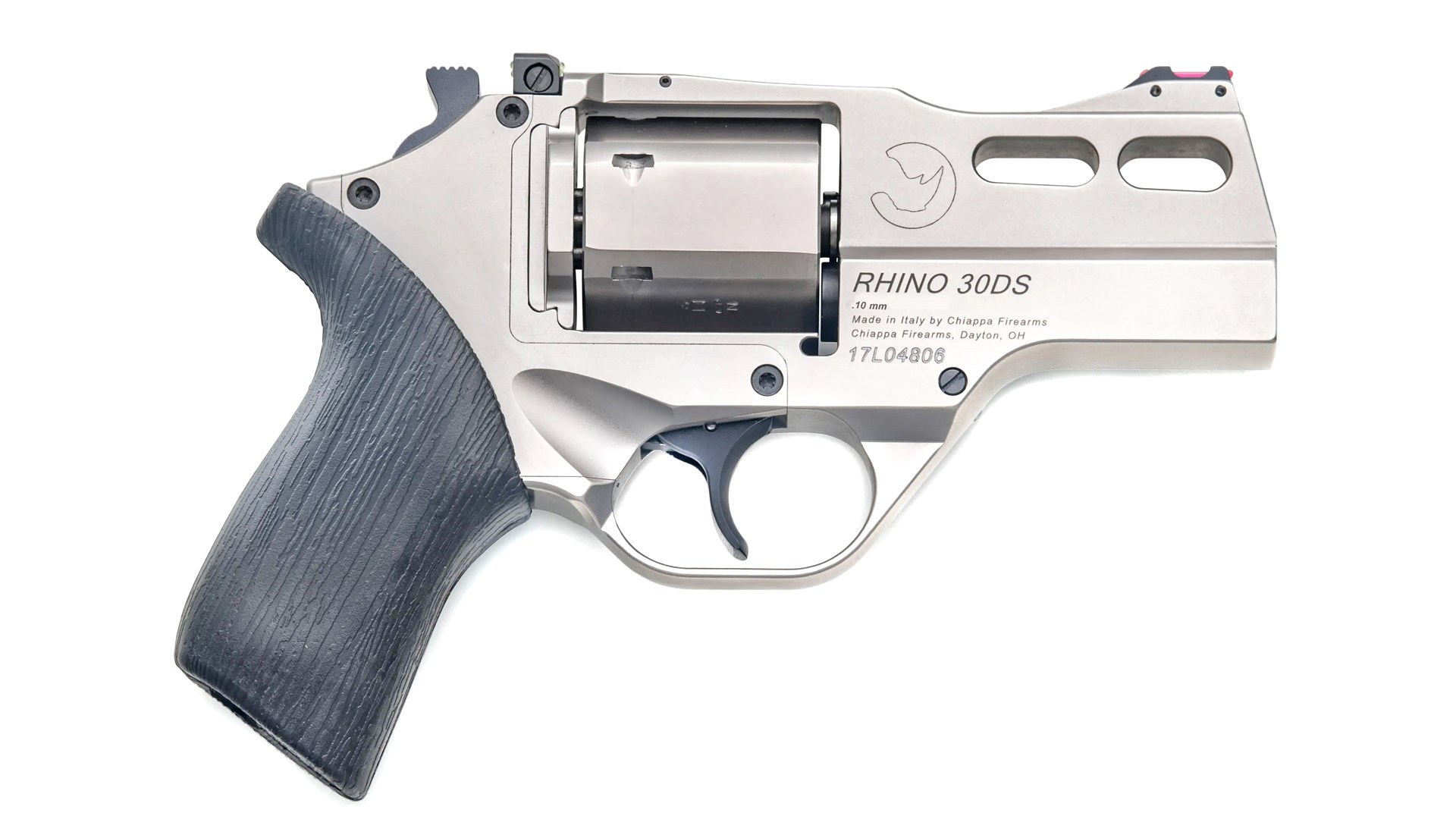 Right side of the nickel-finished Chiappa Rhino 30DS revolver in 10mm Auto.