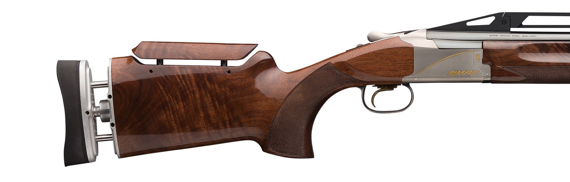 Browning Citori 725 Trap Max shotgun cropped on buttstock example target full pistol grip wood