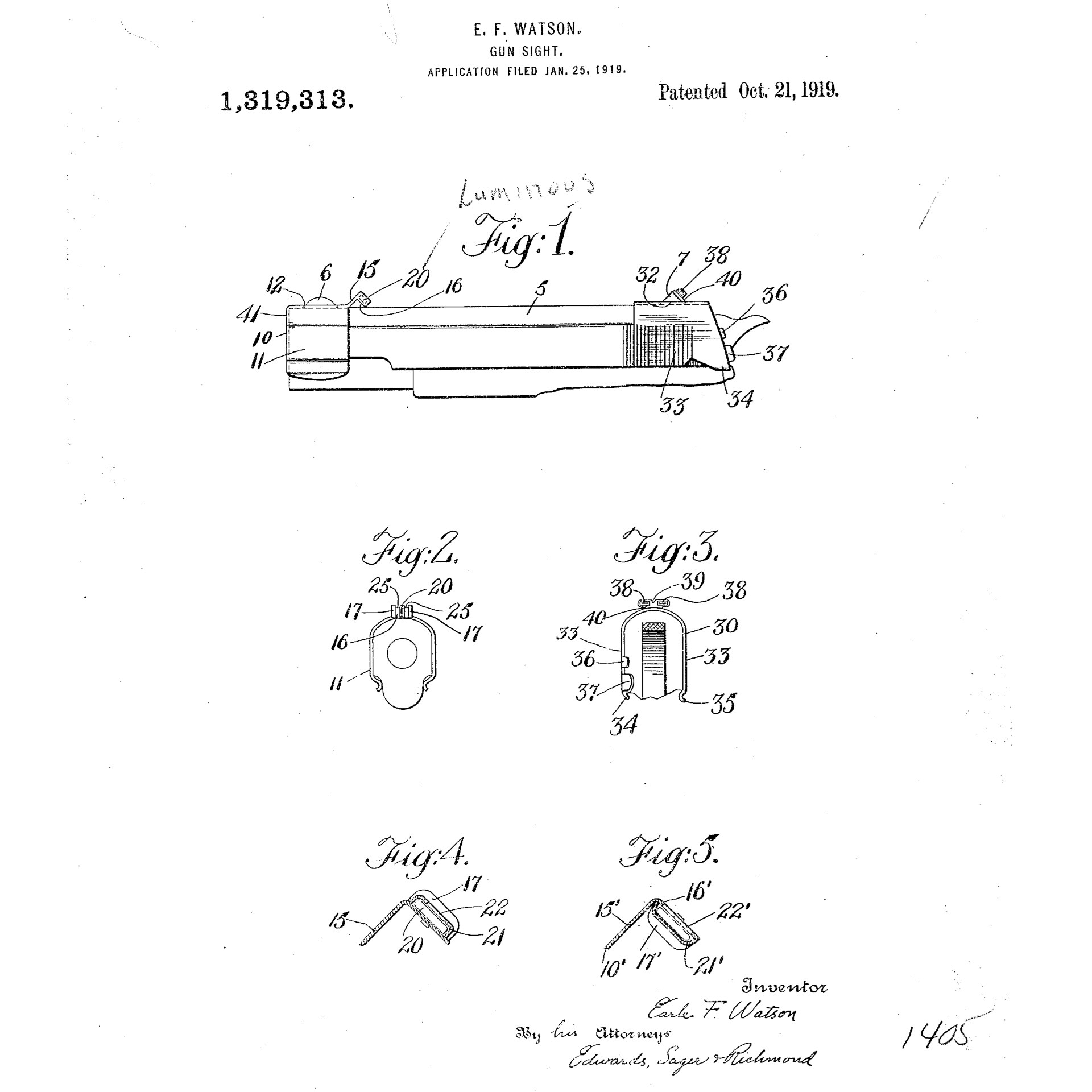 patent drawing by E.F. Watson gun part sights luminous paint for guns