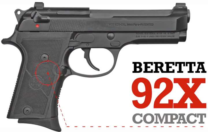 Right-side view of Beretta 92X F Compact pistol on white background with text callout for make and model.