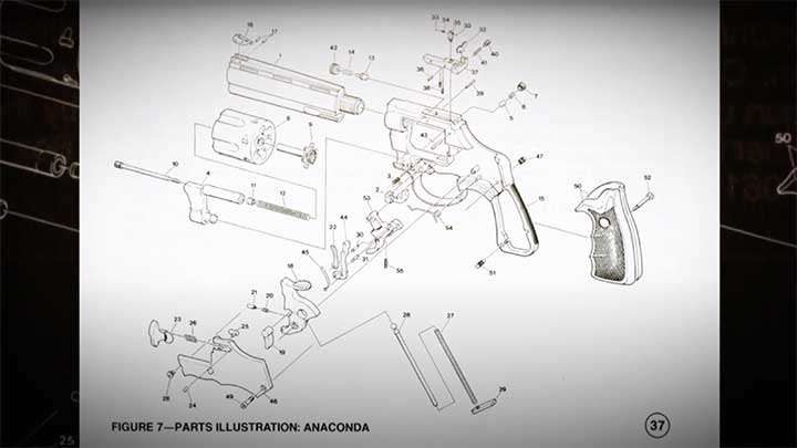 A diagram showing the components comprising the Colt Anaconda.