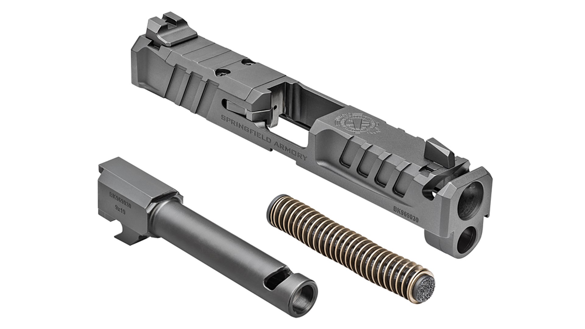 Disassembled view of the Springfield Armory Echelon 4.0C Comp slide, barrel and recoil spring.