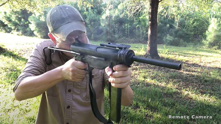 Firing the M3A1 submachine gun.