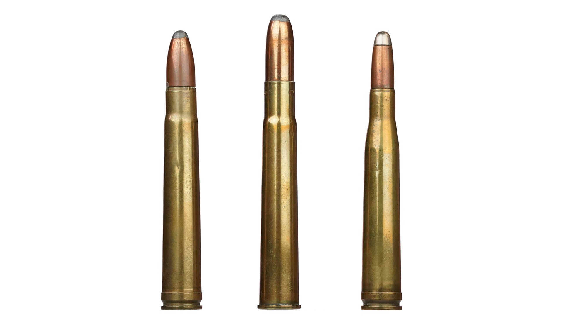 .375 Holland & Holland cartridge family shown picket fence bullets three vertical brass comparison on white background