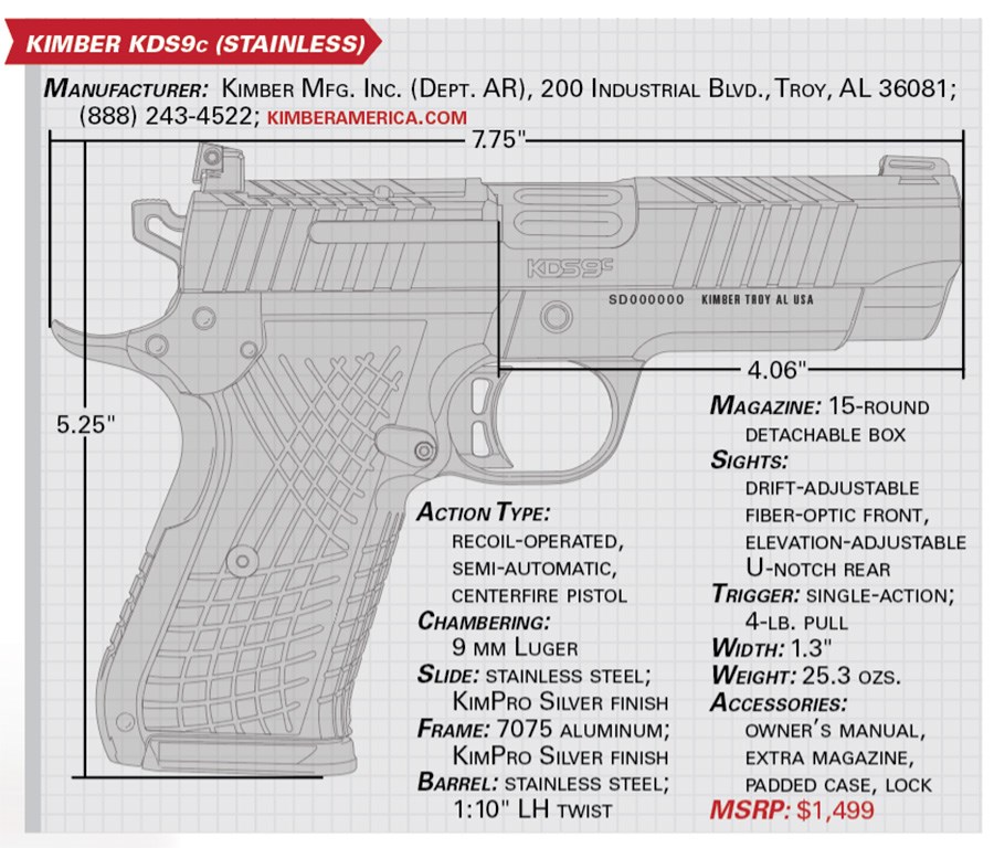 Kimber KDS9c specification graphic drawing gun parts listing text on image