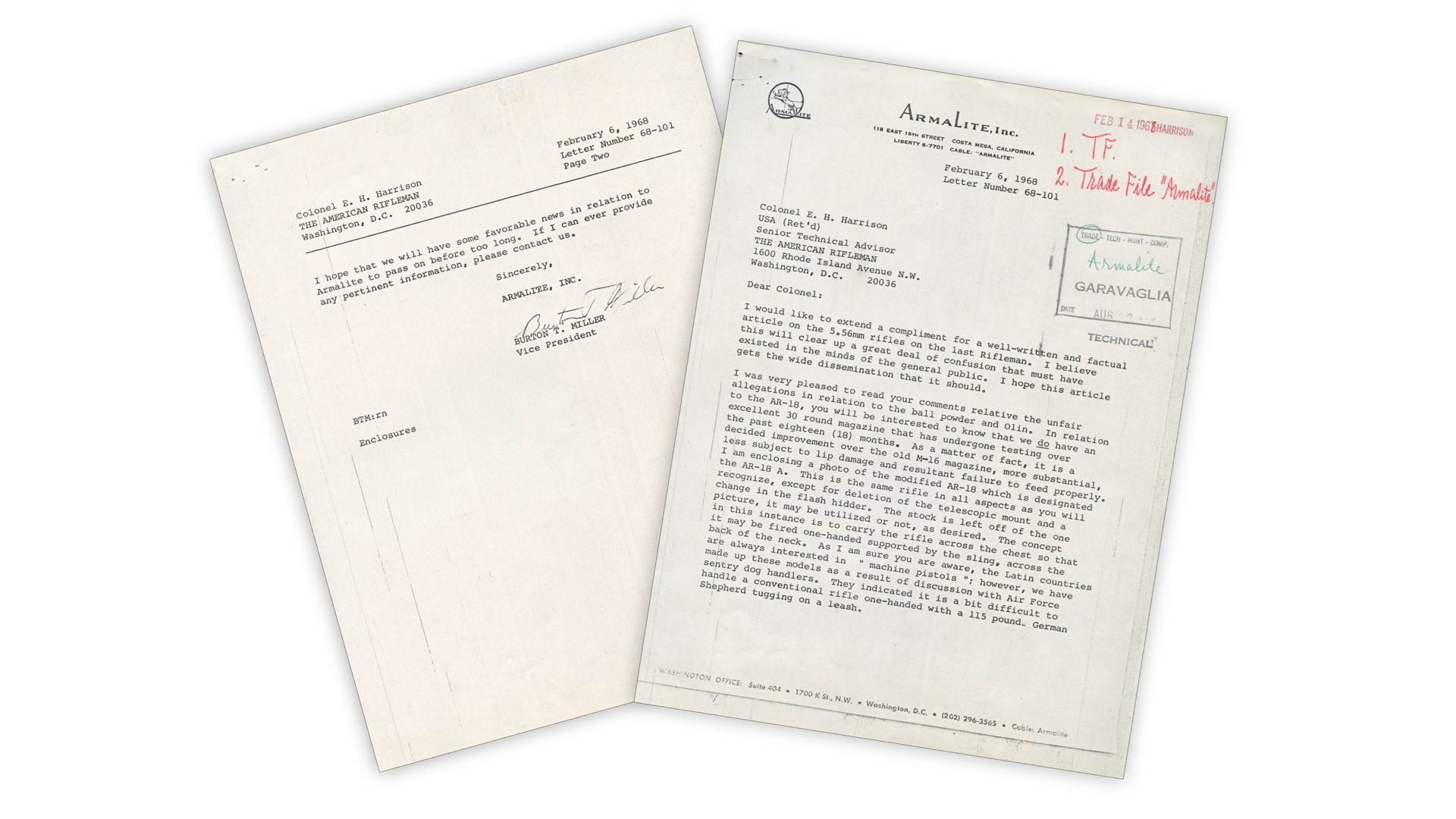 Letters to the technical staff of American Rifleman from Armalite regarding the AR-18 review in May 1962 magazine and reference to the decision of a folding stock attribute for dog handlers in latin america