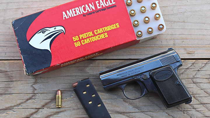 The Baby Browning and Federal American Eagle 50-gr. FMJ ammunition used in the accuracy test.