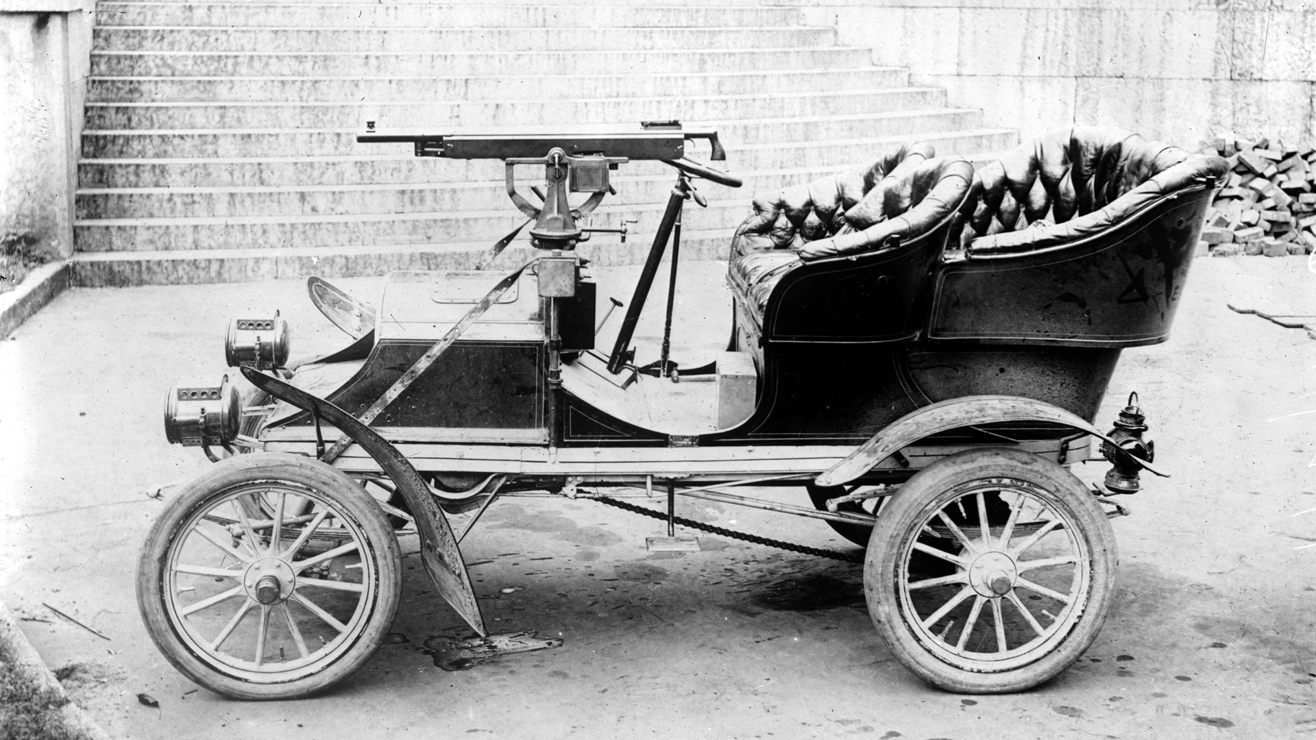 3)	Apparently “road rage” is not a modern concept. This M1895 is seen mounted aboard a Model T Ford. Library of Congress photo