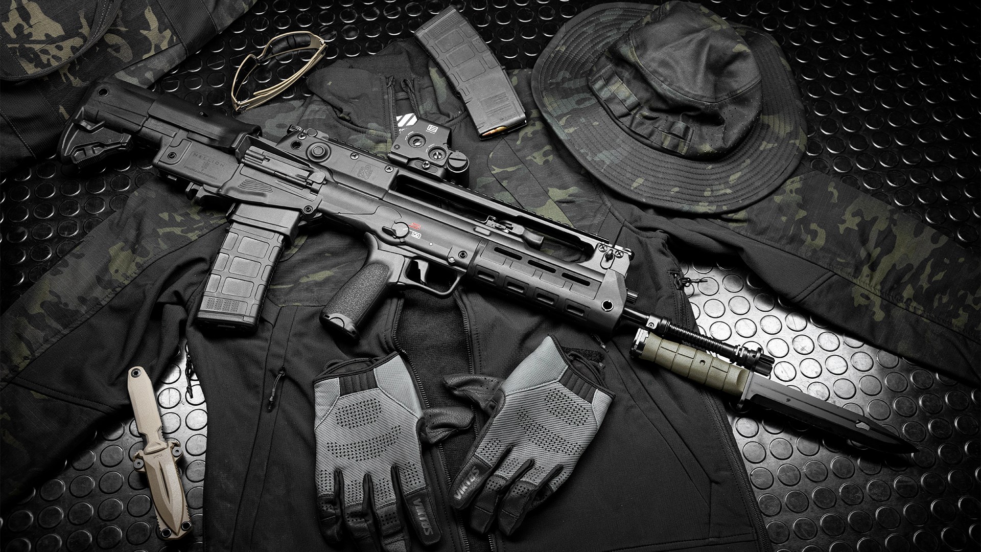 Right side of the Springfield Armory Hellion shown with a bayonet fixed.