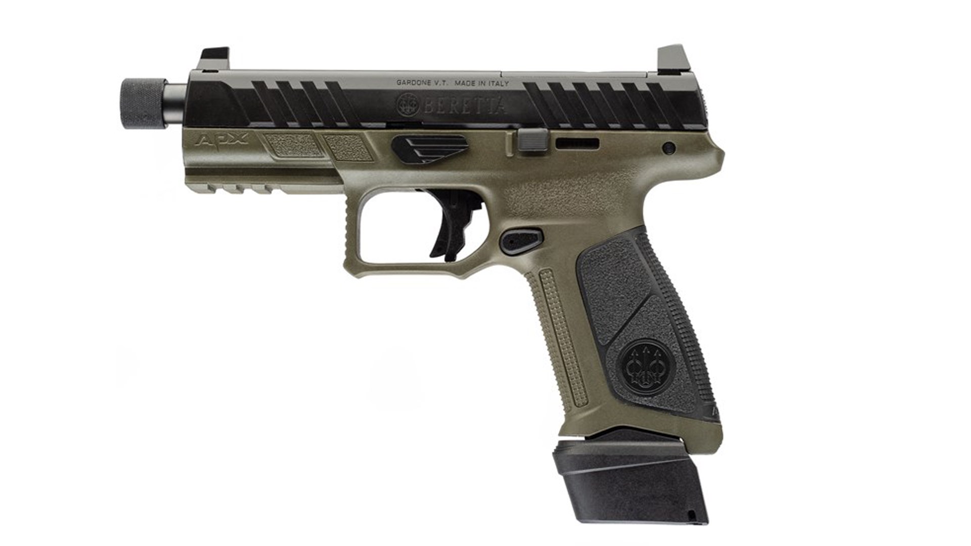 Left side of the black and green Beretta APX A1 Tactical pistol, shown with an extended 21-round magazine.
