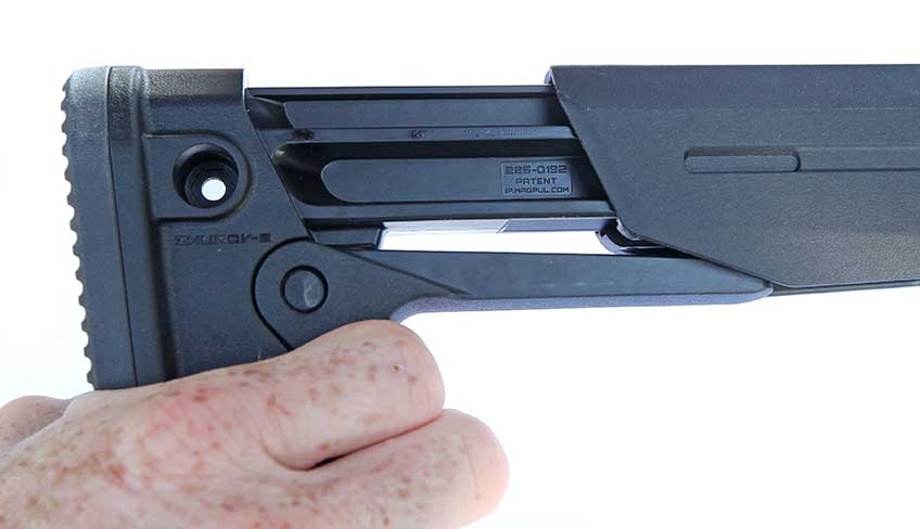 The Magpul Zhukov-S stock, as supplied on the CZ Scorpion carbine, Magpul addition has five positions of adjustment for approximately 2.75&quot; of length-of-pull adjustment.