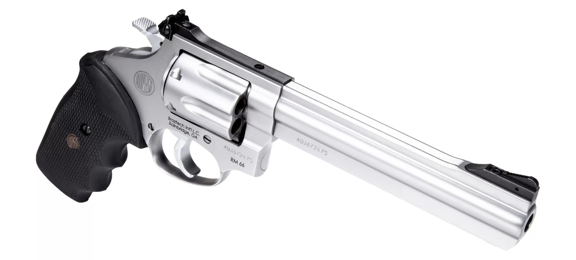 Rossi USA RM66 quarting view stainless steel revolver on white