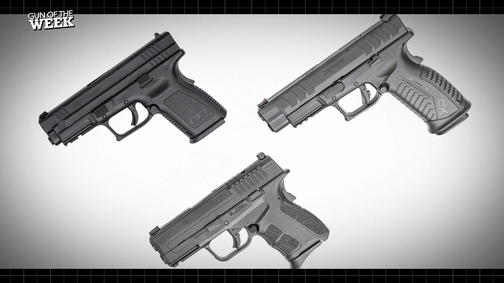 video screenshot gun of the week text top corner three guns central black plastic grips metal 9mm springfield armory xd xde xds