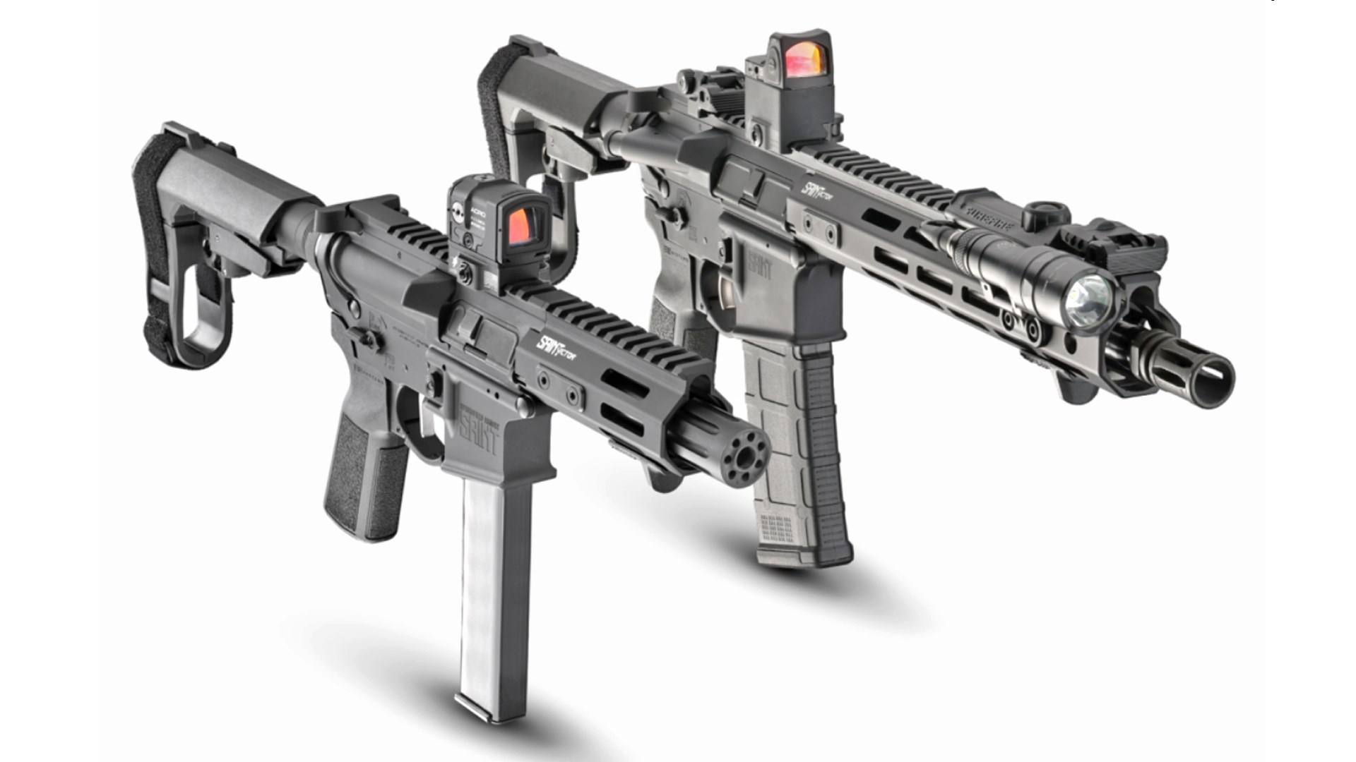 Front view of Springfield Armory's Saint Victor pistols chambered for 9mm Luger and 5.56 NATO.