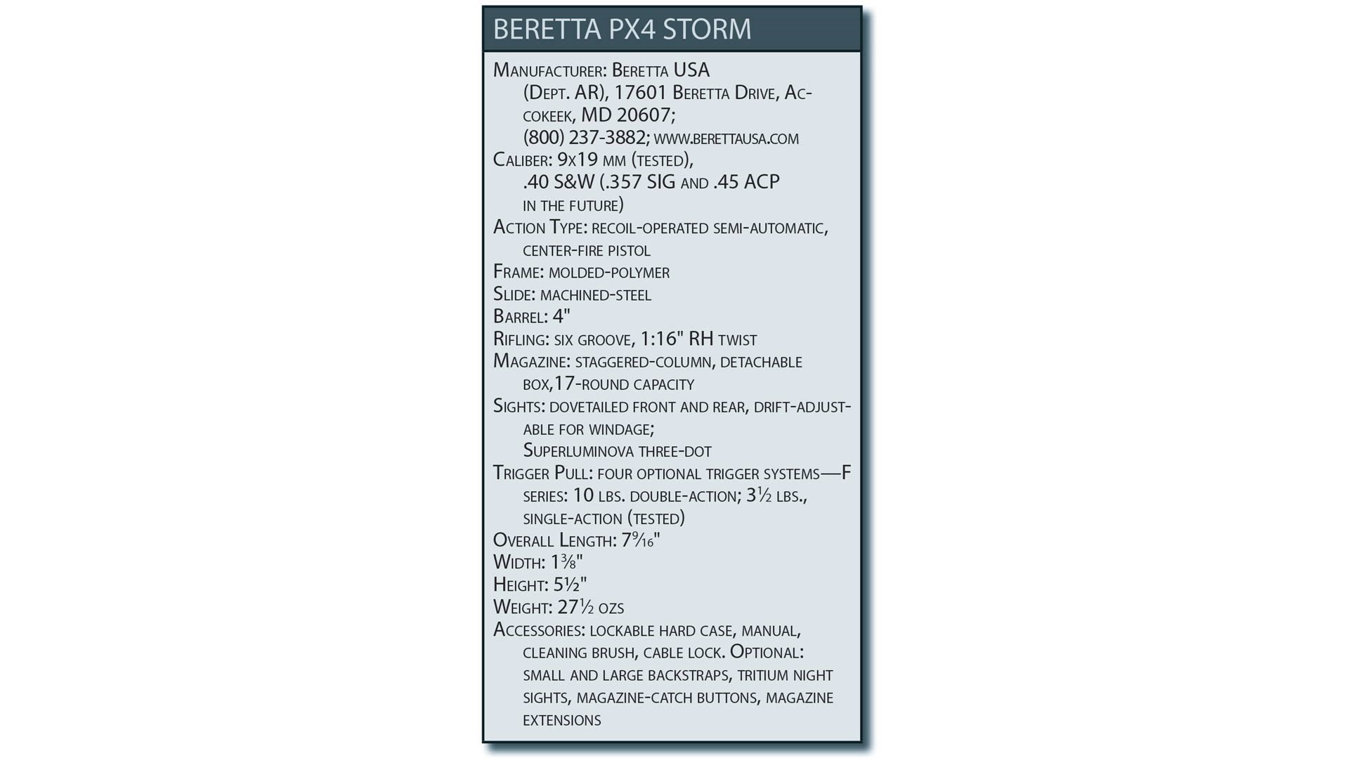 Beretta Px4 Storm Specification table listing parts etc